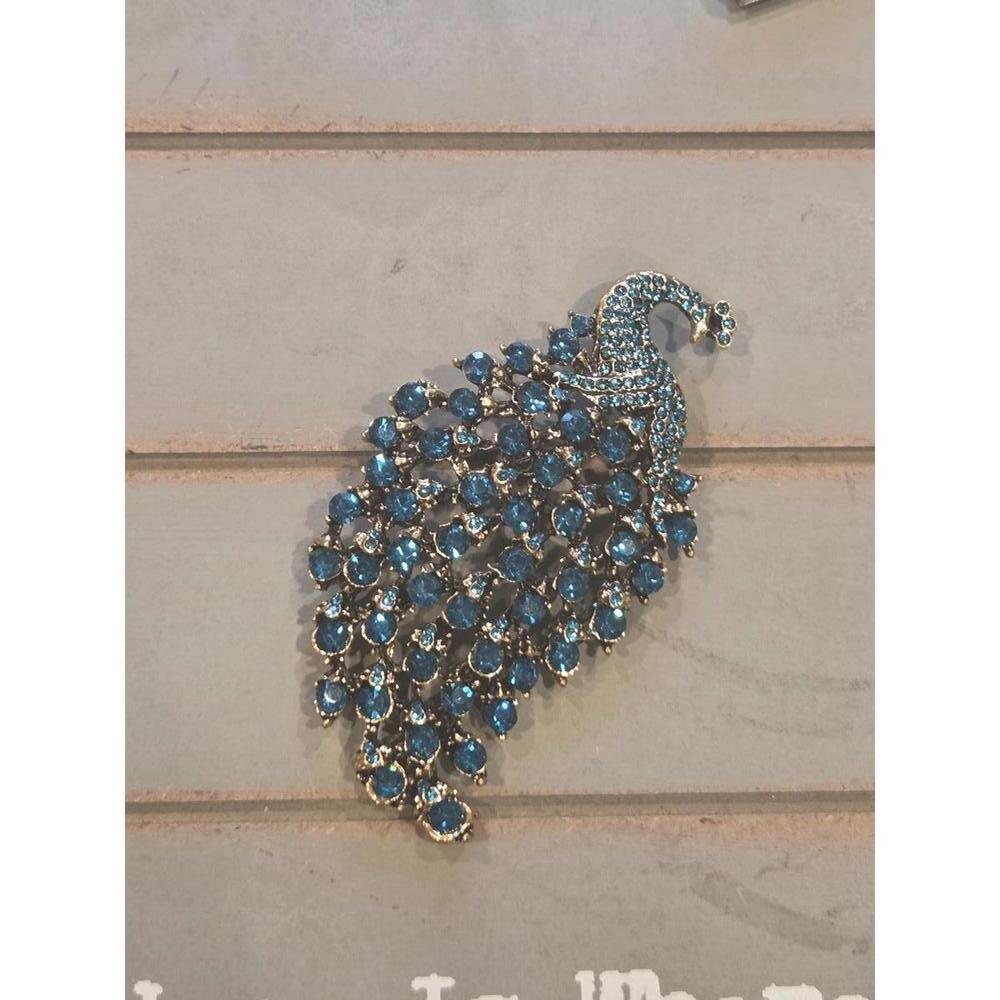 Blue green rhinestone jeweled peacock brooch